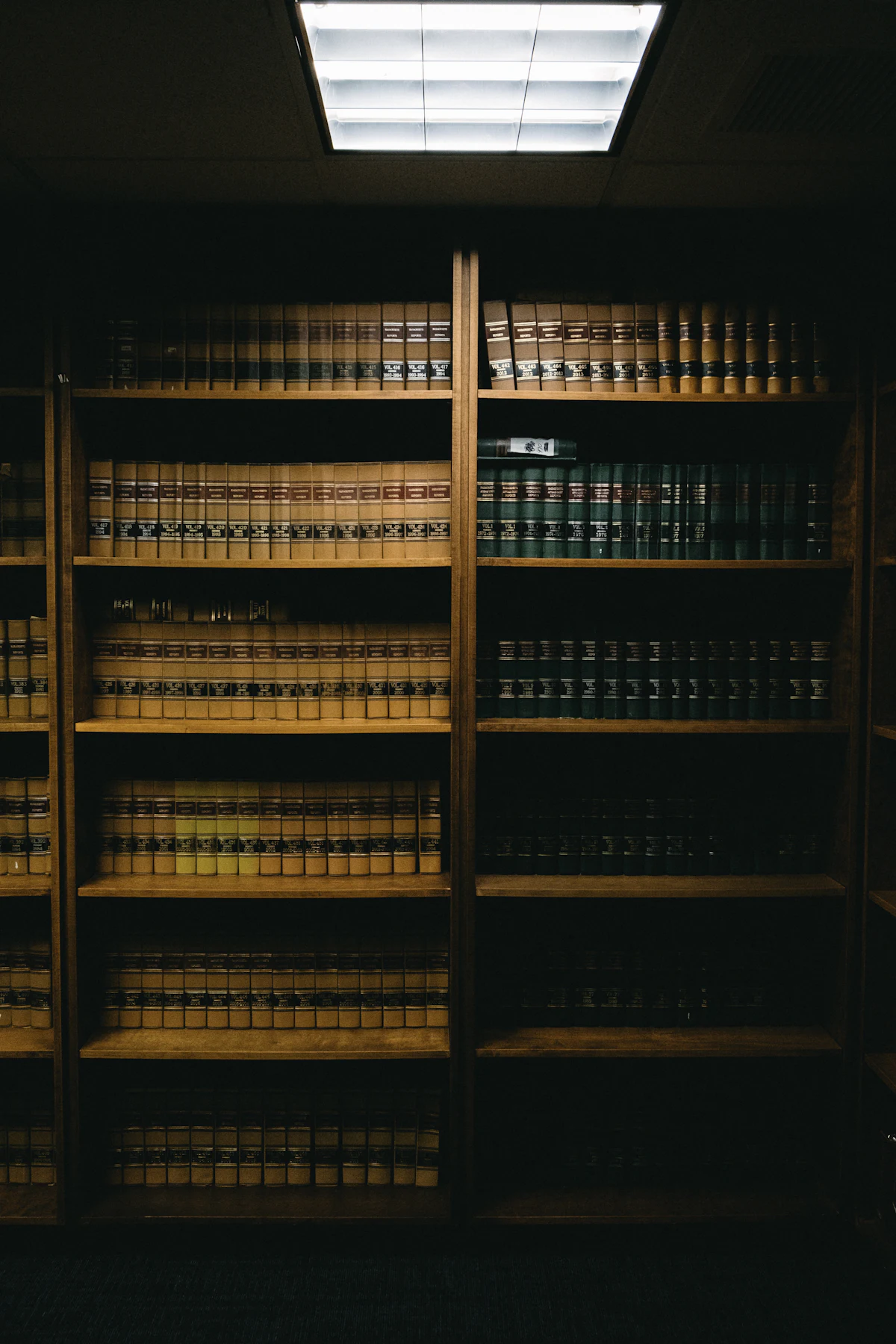 Wide reading room of a law library with long study tables
