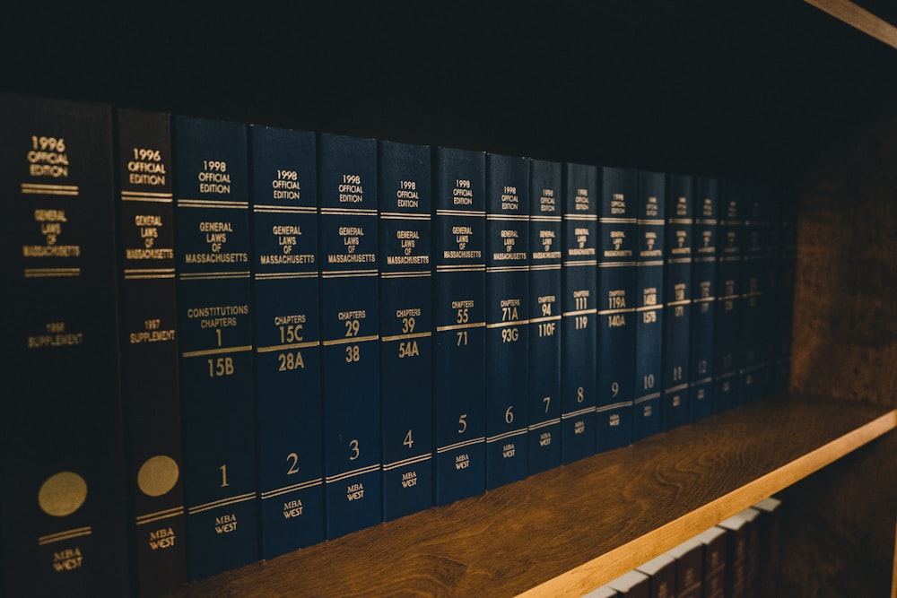 blue locker on brown wooden shelf