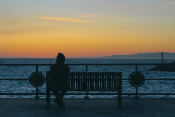 silhouette of person standing on dock during sunset