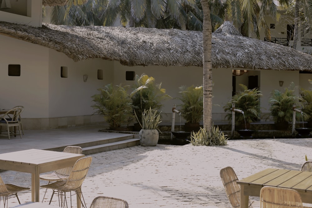 brown wooden chairs and table near green plants during daytime