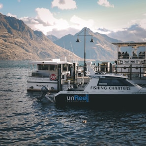 A serene lakeside scene with several boats docked at a marina, part of a picturesque landscape featuring calm waters and mountains in the background. A boat labeled 'Fishing Charters' and another offering a '90 Minute Lake Cruise' are visible, alongside a floating bar. There is a sense of leisure with people aboard the bar, and the distant mountains under a partly cloudy sky add to the peaceful atmosphere.