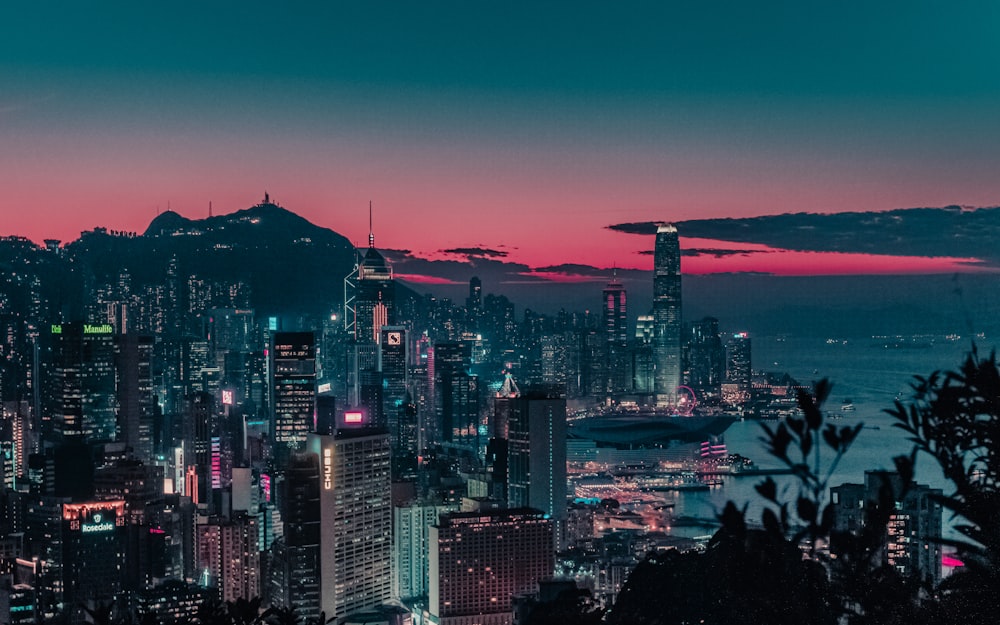 city skyline during night time