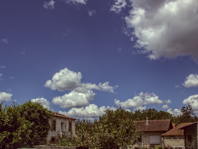 A rural scene featuring two houses with tiled roofs surrounded by lush greenery, under a blue sky dotted with large, fluffy white clouds.