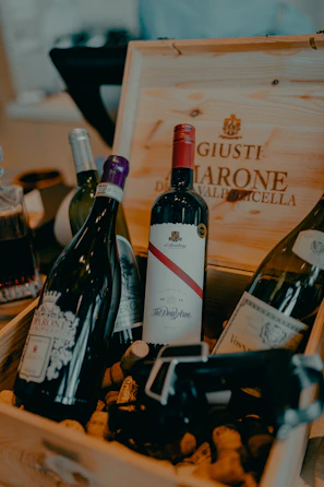 Close-up of a premium wine gift box with delicate textures and subtle lighting.