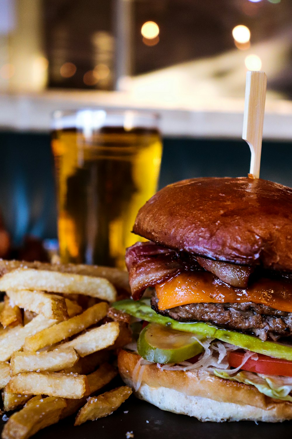 burger with lettuce and fries