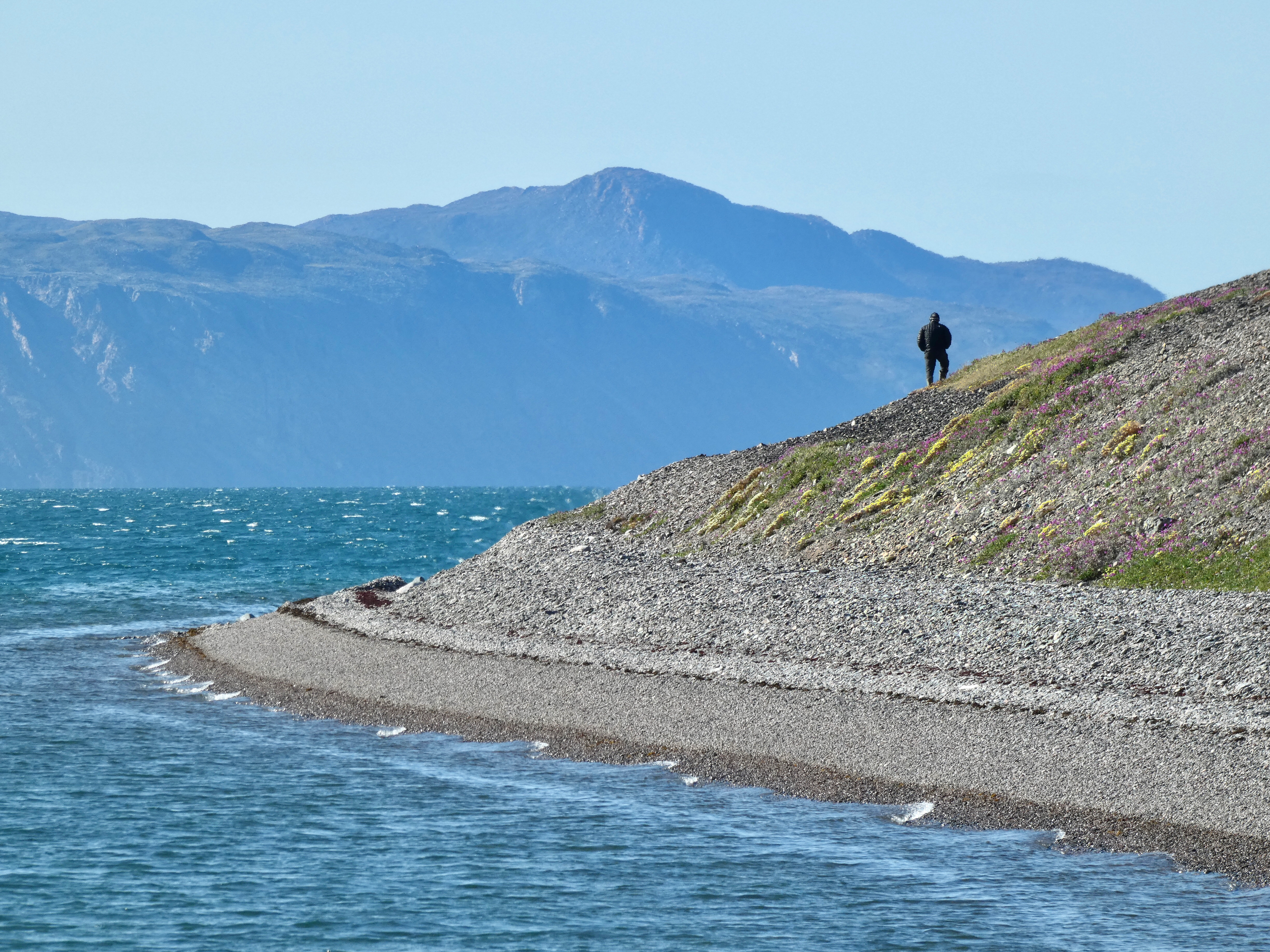 person in black jacket sitting on gray concrete pavement near body of water during daytime