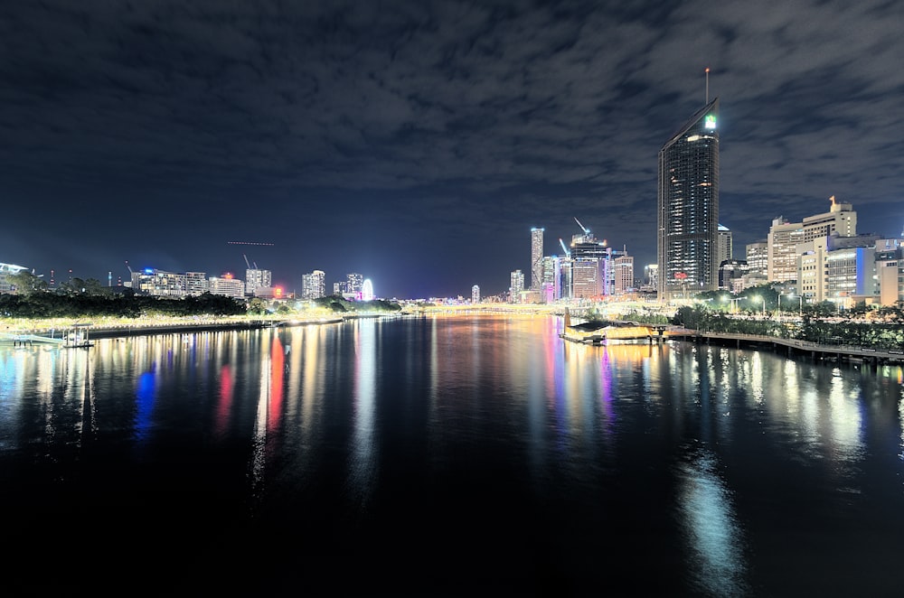 city skyline during night time