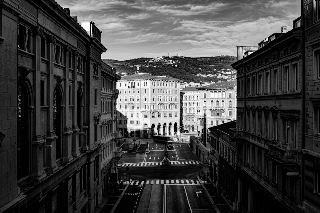 grayscale photo of city buildings