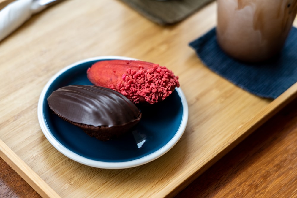 chocolate cake on blue ceramic plate