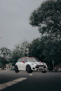 A white Mini Cabrio with its roof down, cruising through a sunny park.