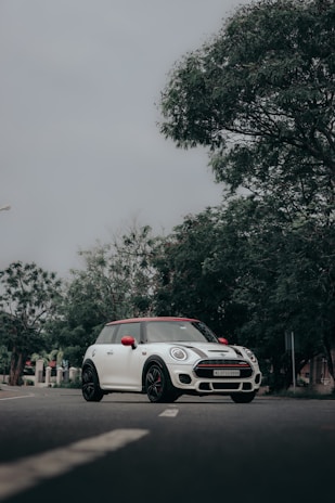 A white Mini Cabrio with its roof down, cruising through a sunny park.