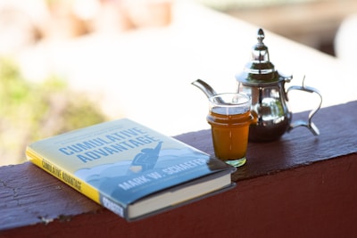 A book titled 'Cumulative Advantage' by Mark W. Schaefer lies on a wooden surface next to a small glass of tea and a traditional metal teapot. The scene appears to be set outdoors with a soft, blurry background.