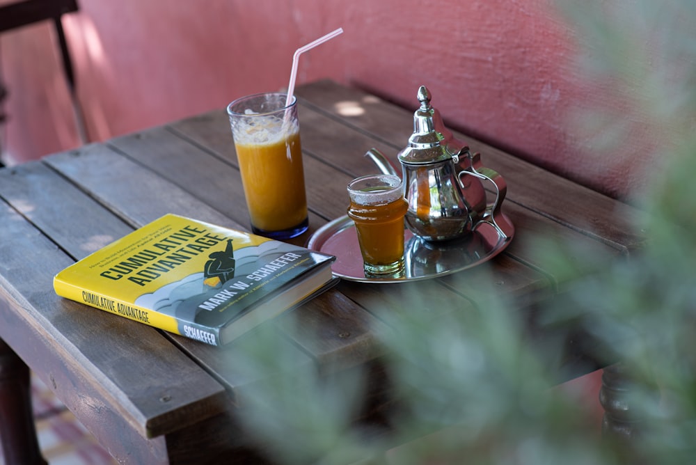 clear glass mug with yellow liquid on green table