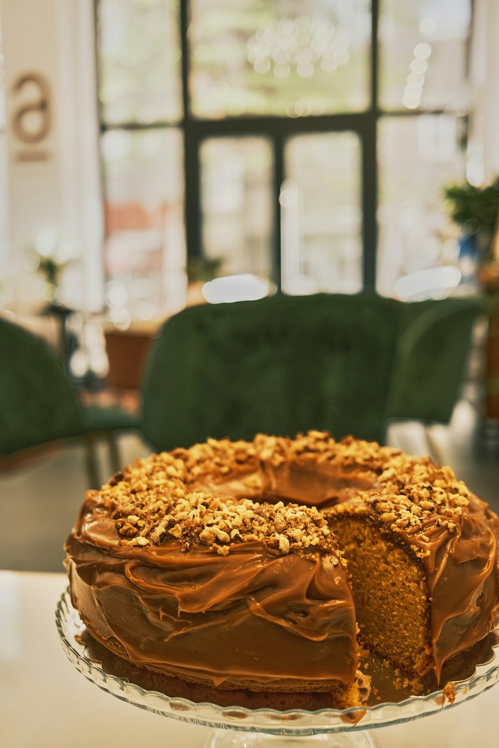 chocolate cake on white table