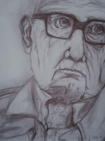 Delicate sketch of a wise elder with glowing yellow eyes and intricate black robes.