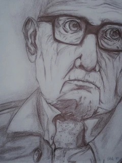 A detailed charcoal sketch of a weathered old man with expressive eyes