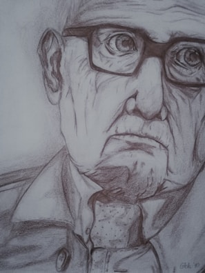 Delicate sketch of a wise elder with glowing yellow eyes and intricate black robes.