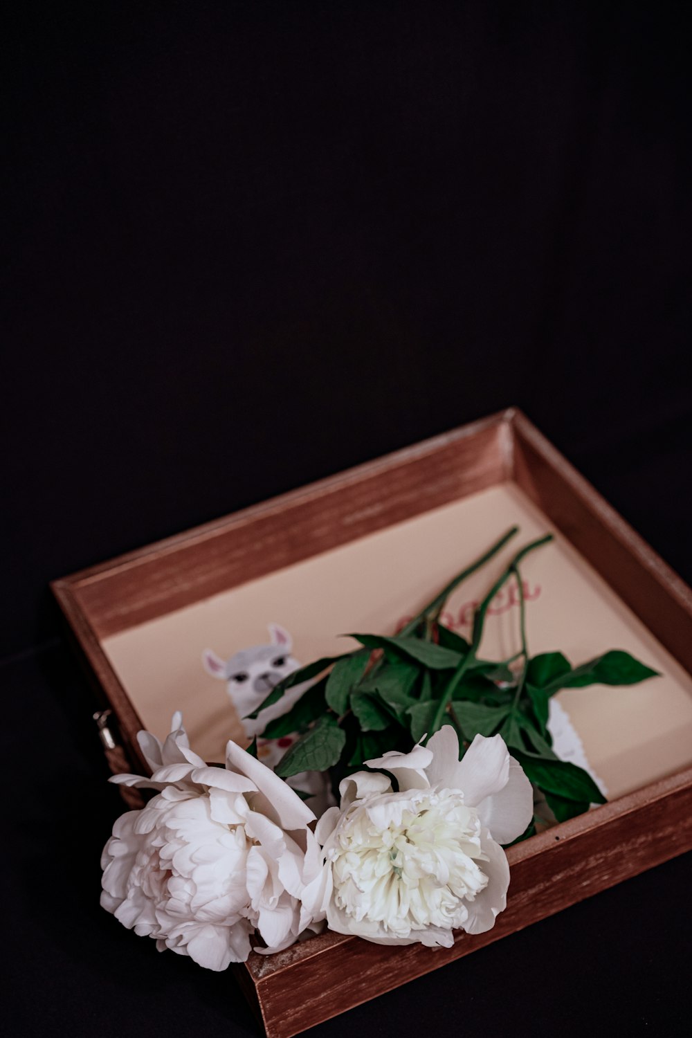 white flowers on brown wooden tray