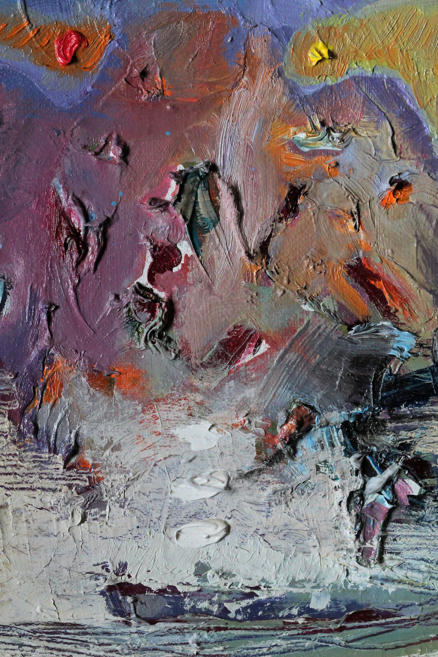 Violet and ochre painting with a pale drift across its lower edge