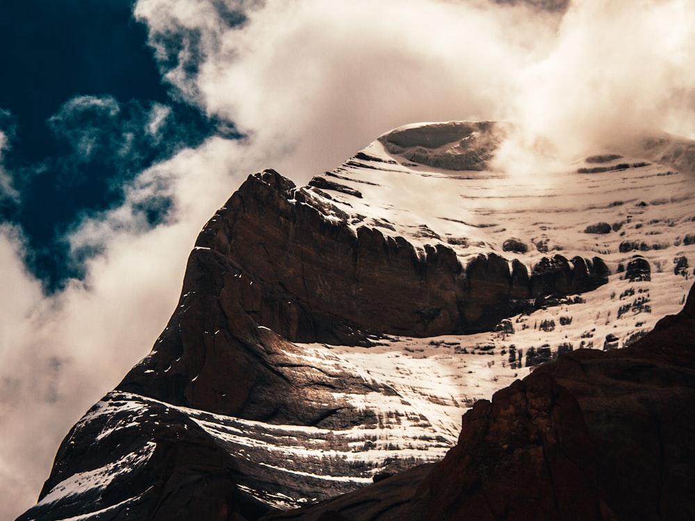 snow covered mountain under cloudy sky during daytime