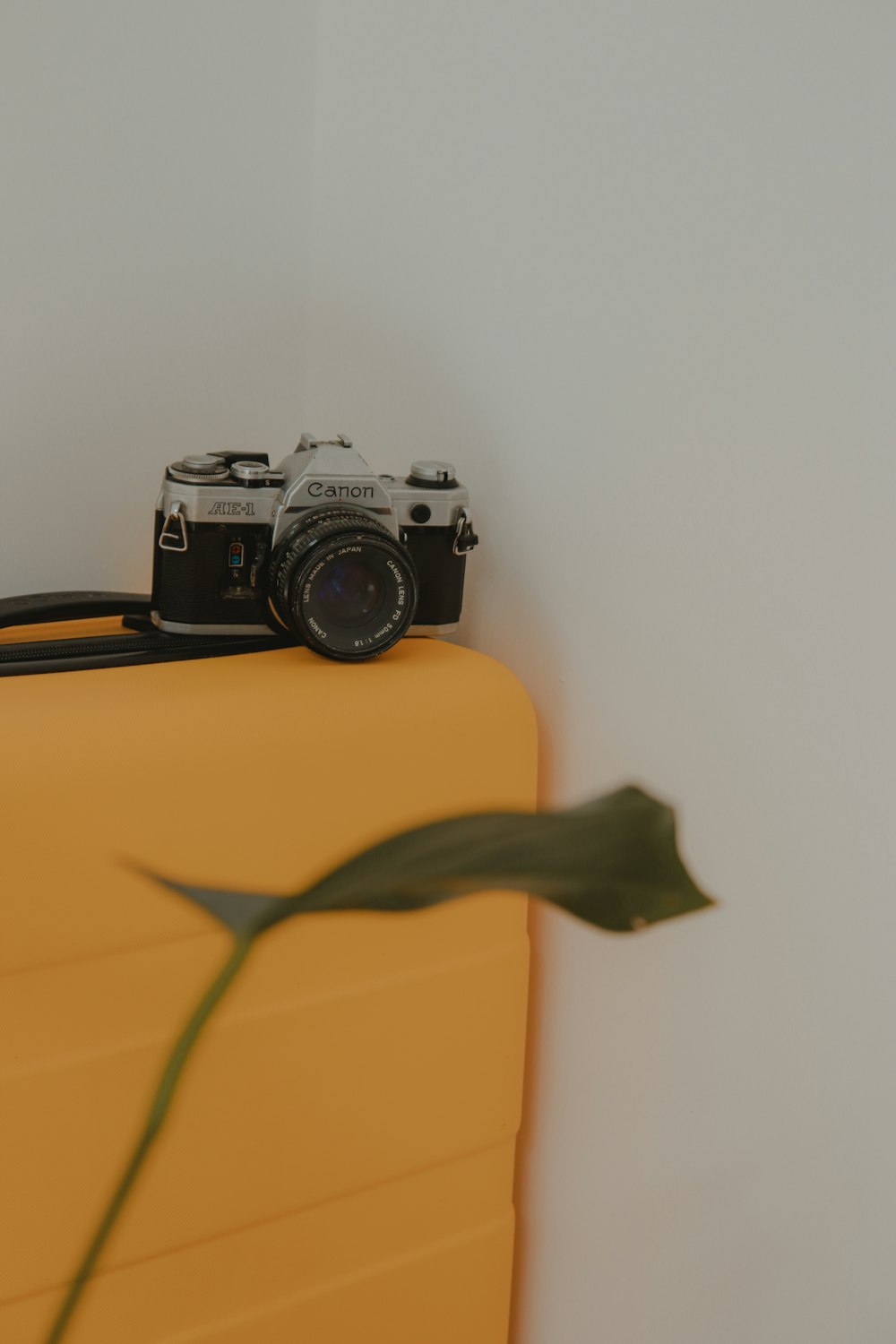 Schwarze Nikon DSLR-Kamera auf gelbem Tisch