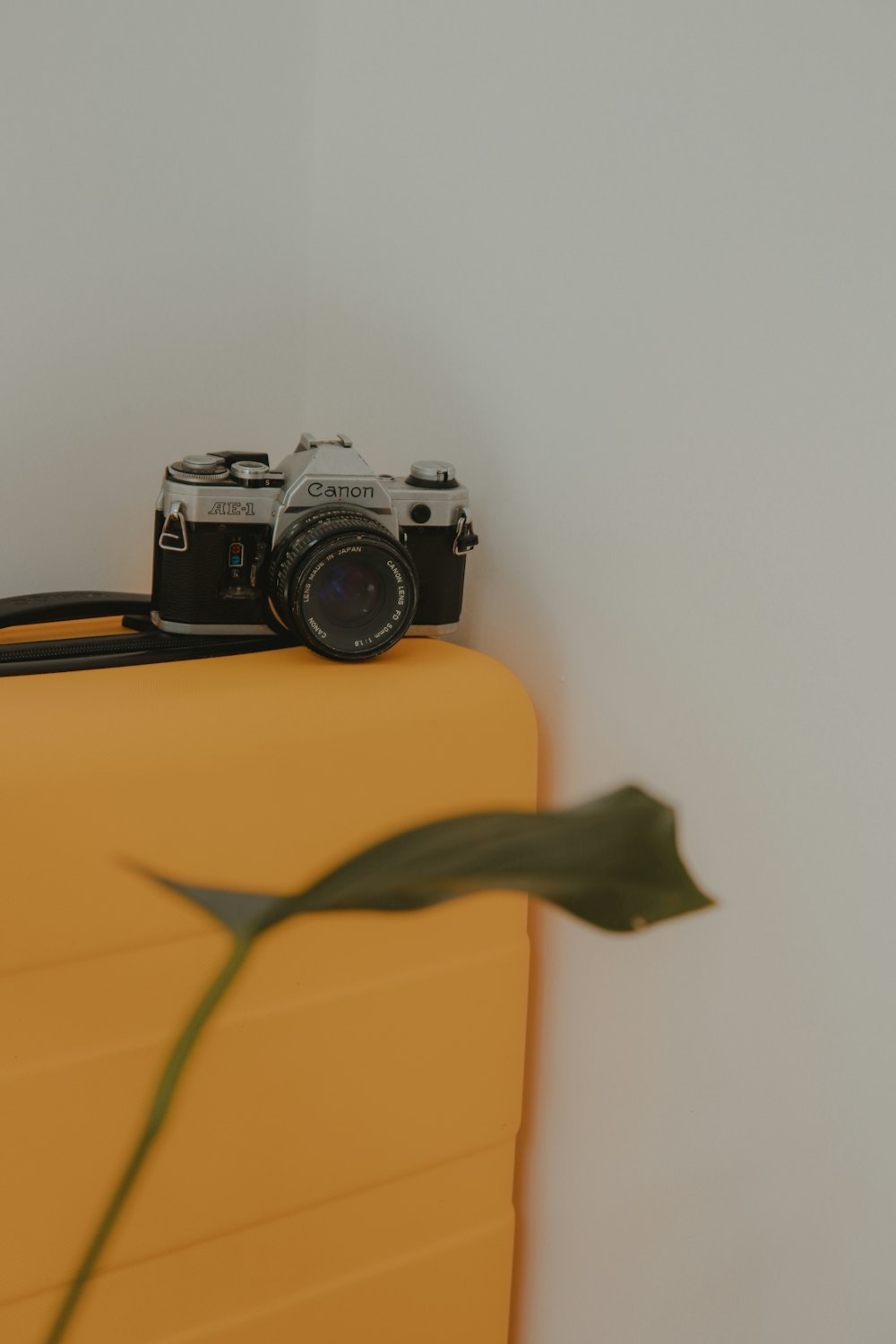 Appareil photo reflex numérique Nikon noir sur table jaune