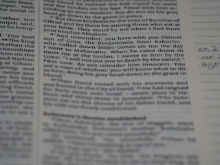 A close-up view of a page from a book or document, featuring printed English text with a portion of handwritten notes in the margins. The text appears to be formatted in paragraphs with some bolded headings.