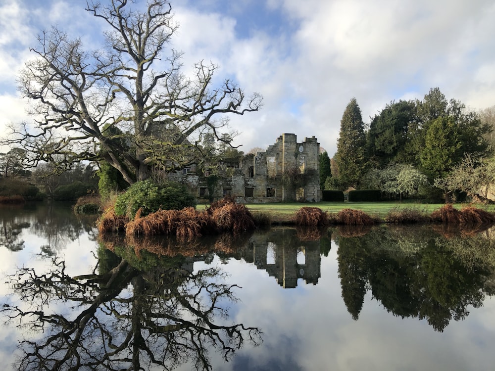 body of water near green trees and brown concrete building under white clouds and blue sky