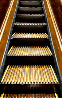 The top motor and sprocket mechanism of elevita installed neatly on a wooden staircase.