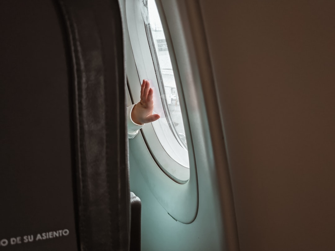 white and blue car door, First time traveler placing her hand on an aircraft window.