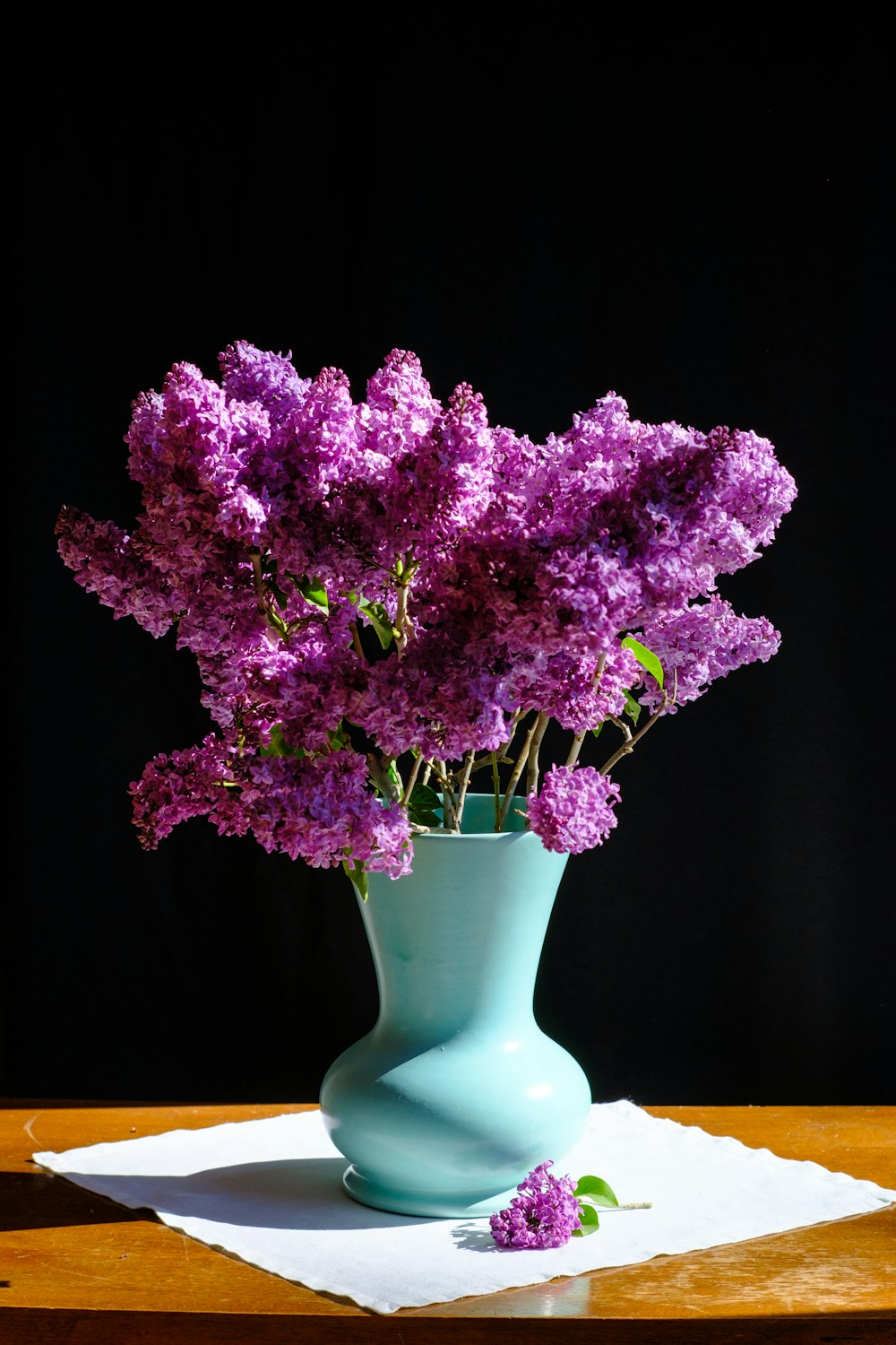 purple flowers in white ceramic vase