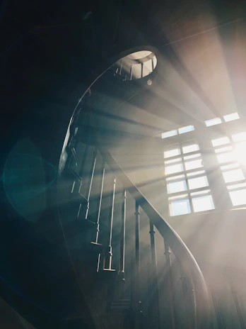 A tranquil scene of a sunlit spiral staircase blending with natural textures and warm light.