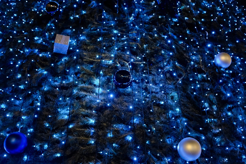 blue and white christmas tree with blue string lights