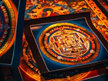 A collection of framed mandalas displayed elegantly on a moss green wall with golden accents.