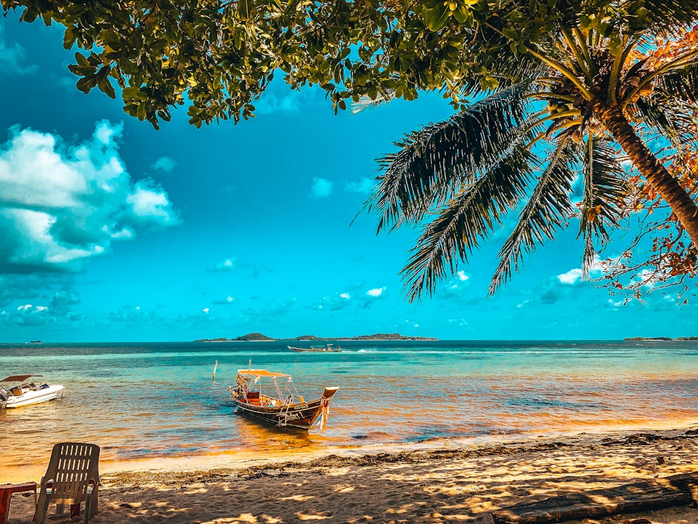 brown boat on beach during daytime