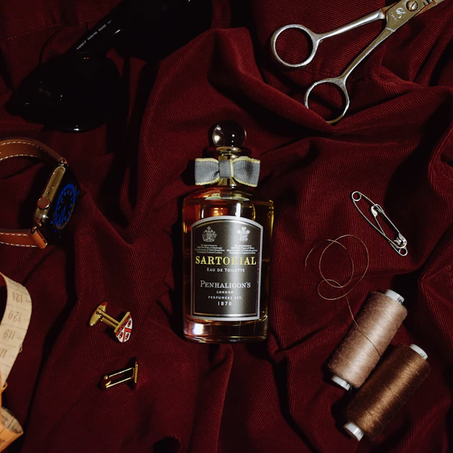 Black and silver fragrance bottle beside silver scissors, photographed on Savile Row