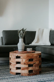A cozy living room featuring a soft beige rug with subtle geometric patterns under a wooden coffee table