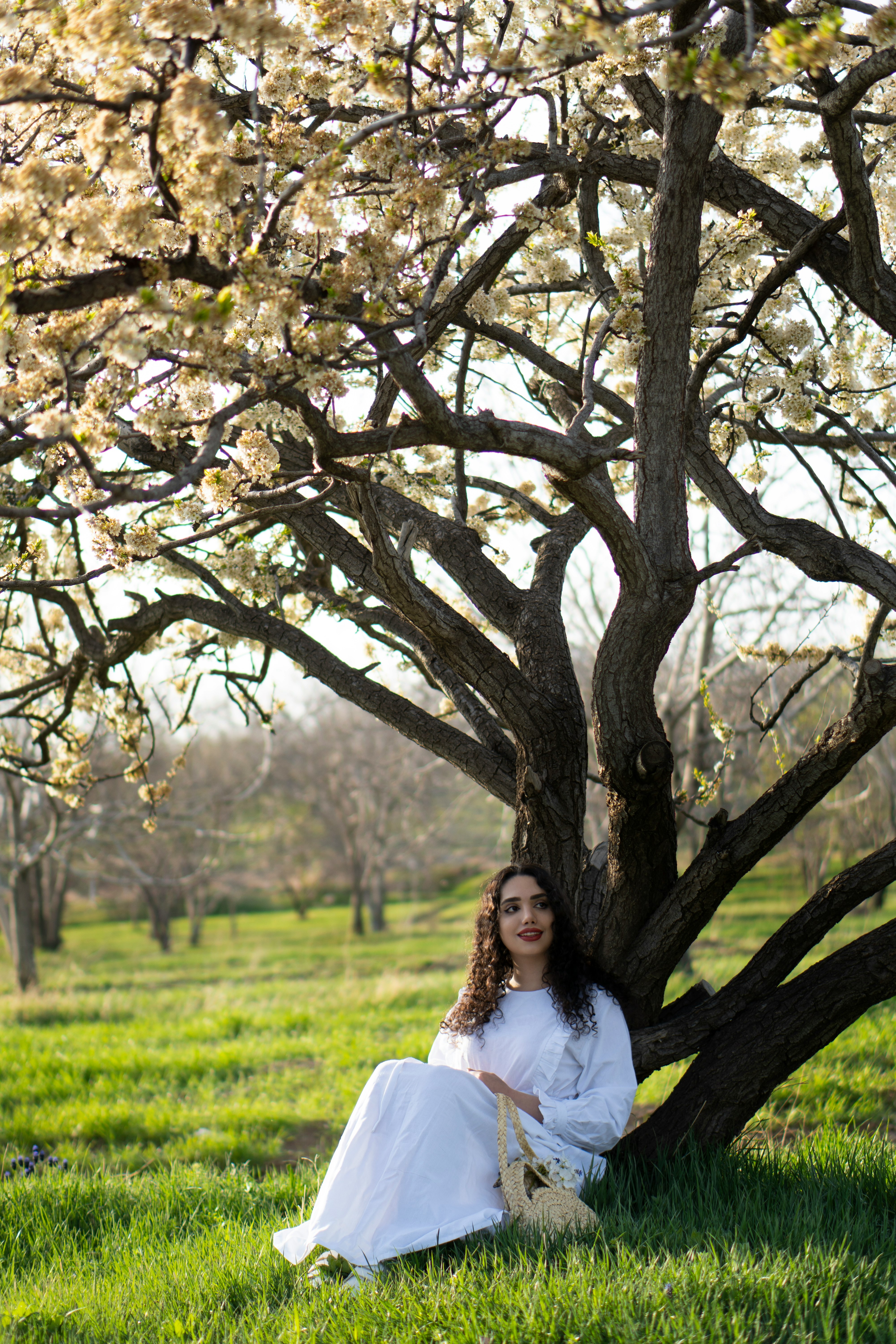 woman in white long sleeve shirt standing under brown tree during daytime