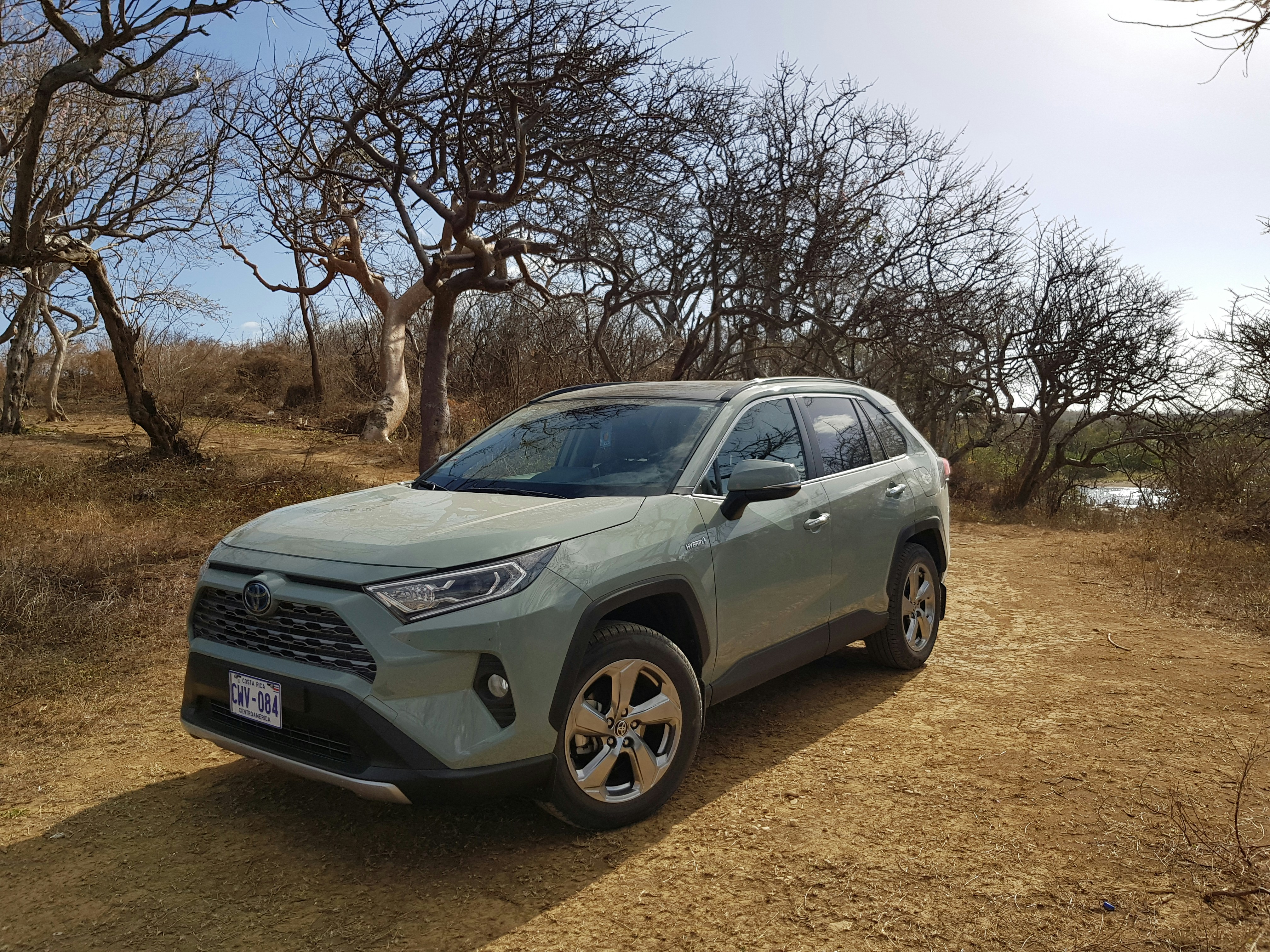 Dark grey Toyota RAV4 SUV on open road with lush green landscape in background