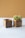 Two wooden cube-shaped planters sit on a light surface, one of which contains a small, lush succulent with clusters of green leaves. The wood displays natural grain patterns, and the background is a warm, light brown color.