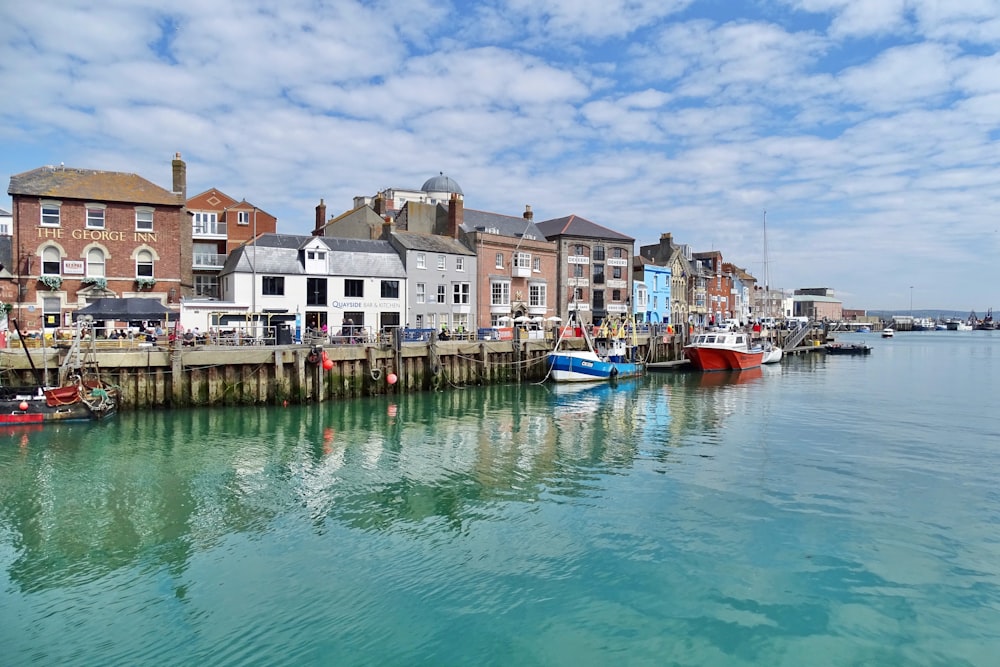 boats on dock near houses during daytime