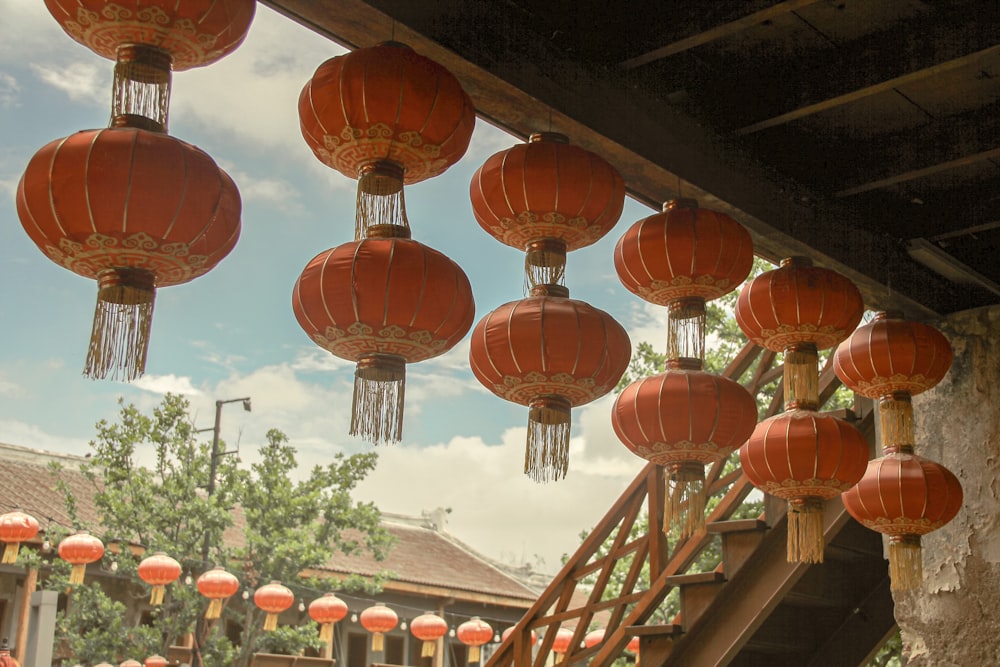 brown paper lanterns on roof