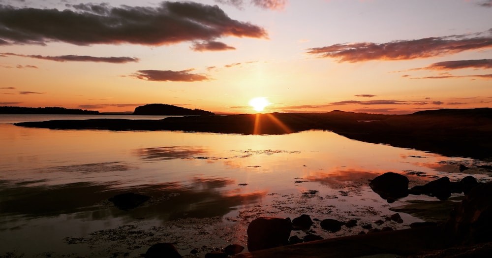 body of water during sunset