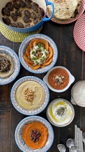brown and white dish on blue ceramic bowl