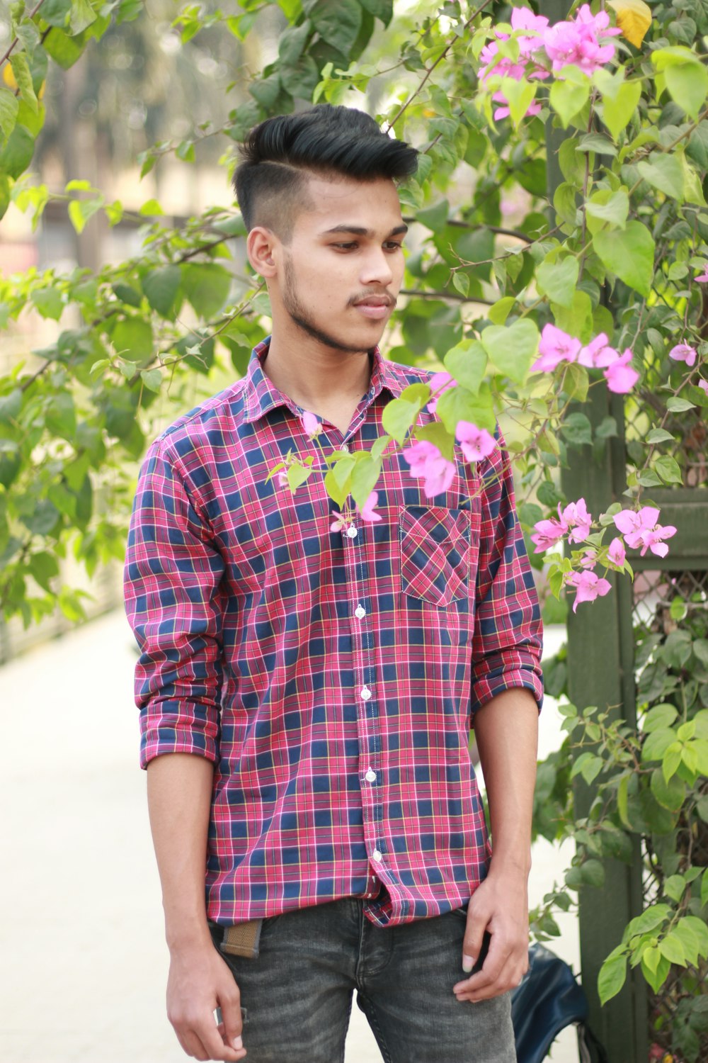 man in blue and red plaid button up shirt standing near green plant during daytime