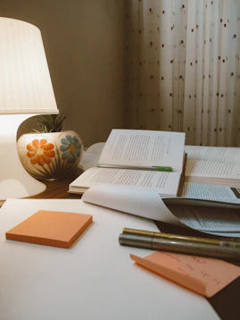A cozy study corner with books, notes, and a student focused on revision