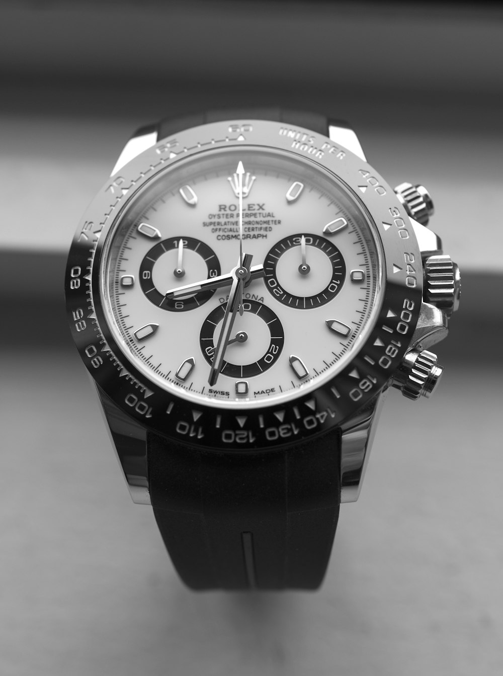 silver and black chronograph watch