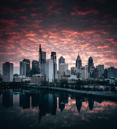 city skyline during night time