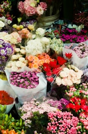 An assortment of various flowers wrapped in paper on display. The collection includes roses, carnations, and other vibrant floral arrangements. The colors range from whites and pinks to reds and purples. The scene conveys a sense of abundance and freshness.