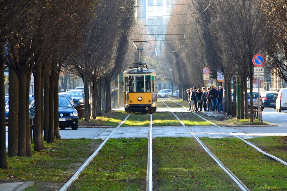 people walking on street near yellow tram during daytime